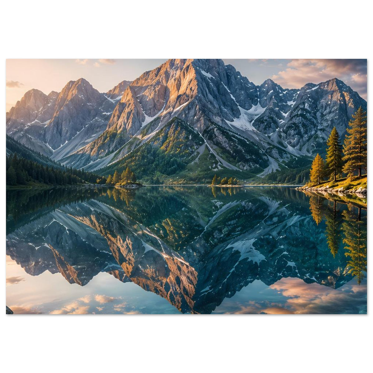 Breiter Posterdruck mit Alpenbergen, Tannen und spiegelndem See mit Wolkenhimmel