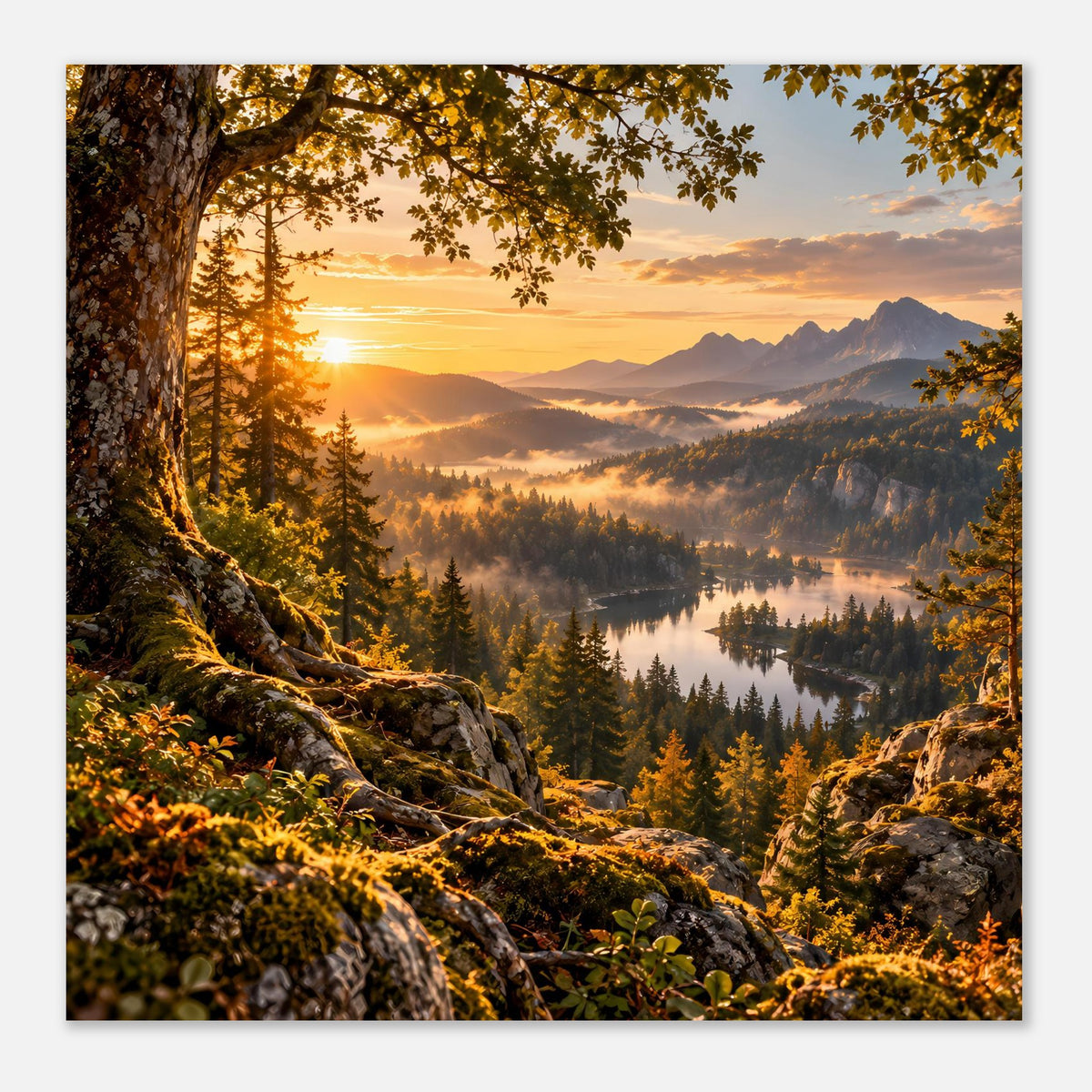 Quadratisches Landschaftsposter mit Sonnenaufgang, großen Bäumen, Bergen, Wald und See