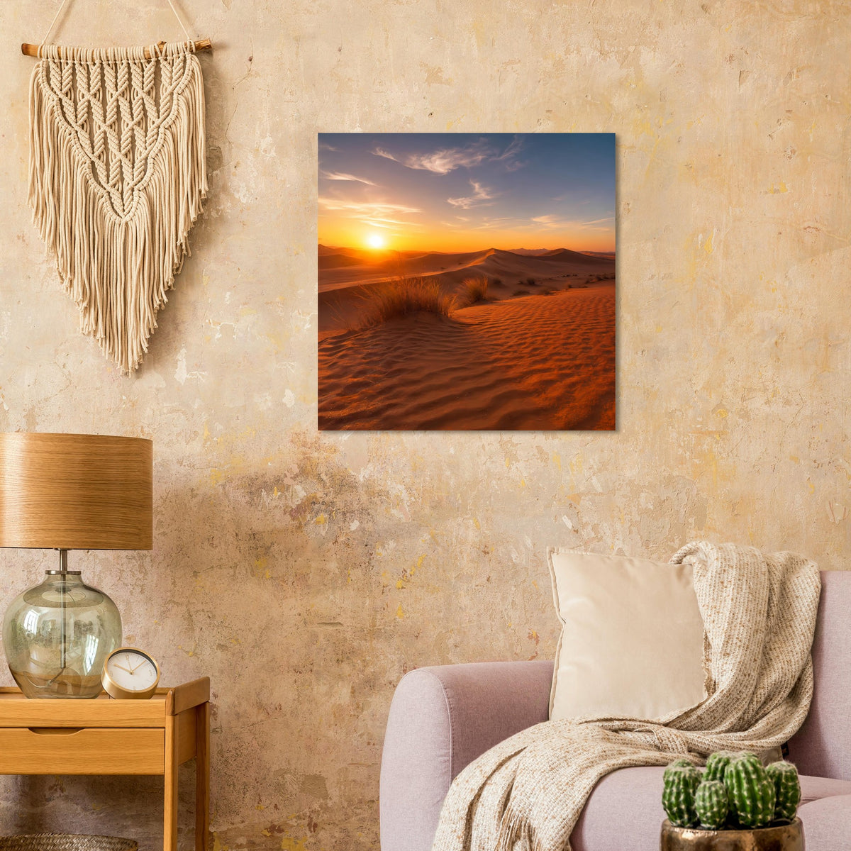 Quadratisches Poster mit Sonnenuntergang über Dünen und warmen Orange- und Brauntönen