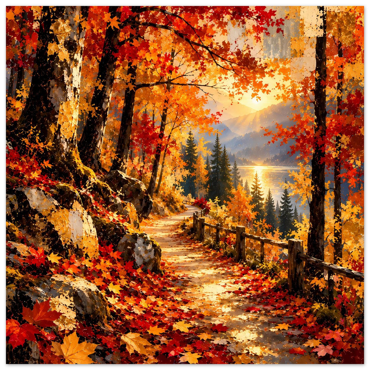 Herbstliches Wanderweg-Poster mit buntem Laub, Steinmauer und Holzgeländer im Wald