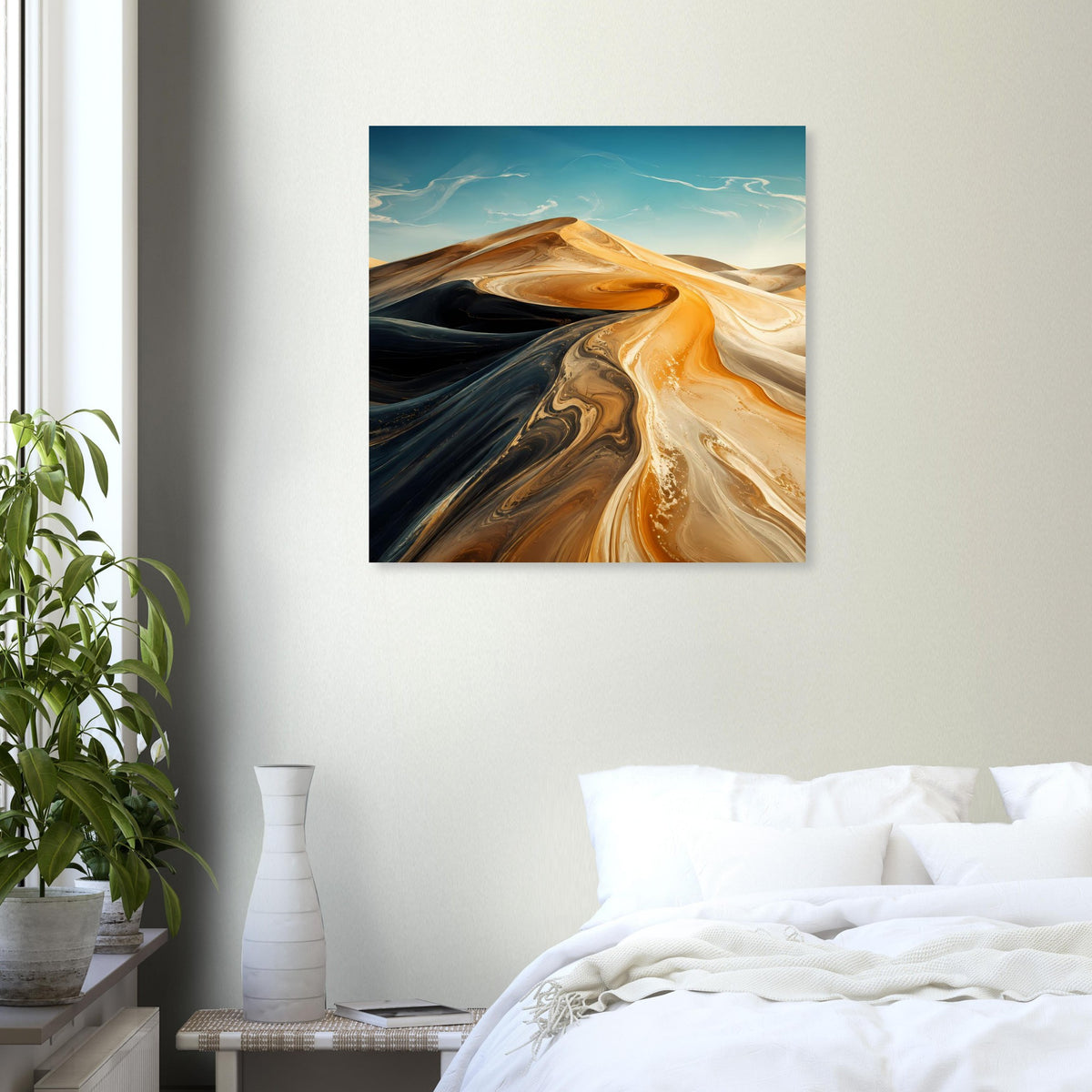 Quadratisches Poster im Rahmen: abstrakte Wüstenwellen mit gold/orange Sand und dunkelblauen Kontrasten