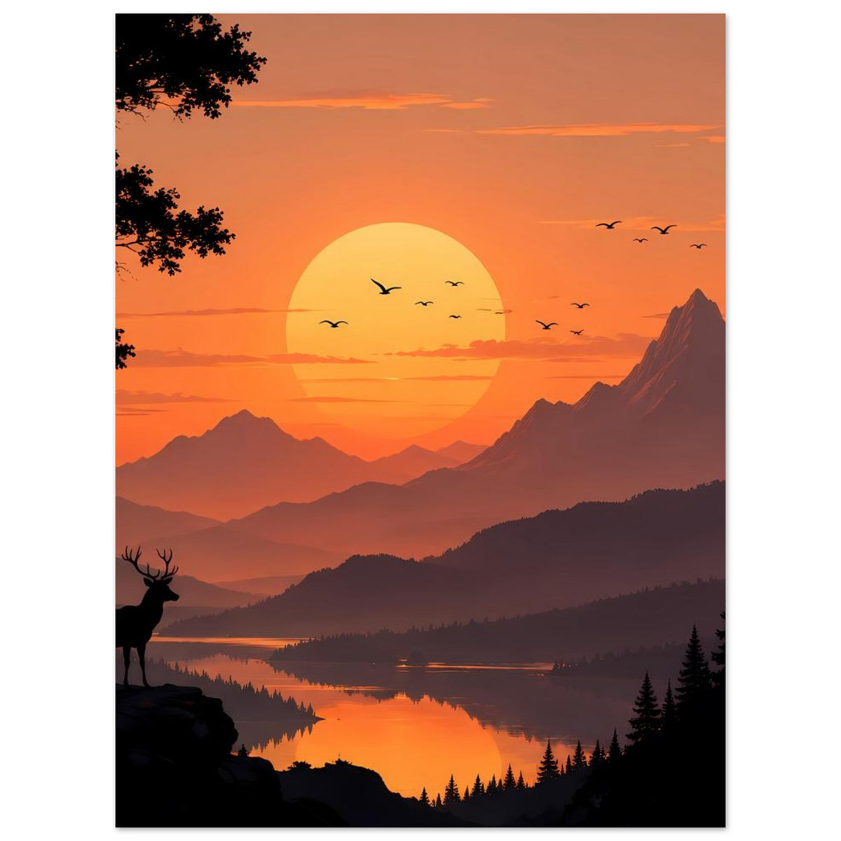 Landschaftsposter (Hochformat): Abendhimmel, Berge und See mit Sonnenball und Vögeln