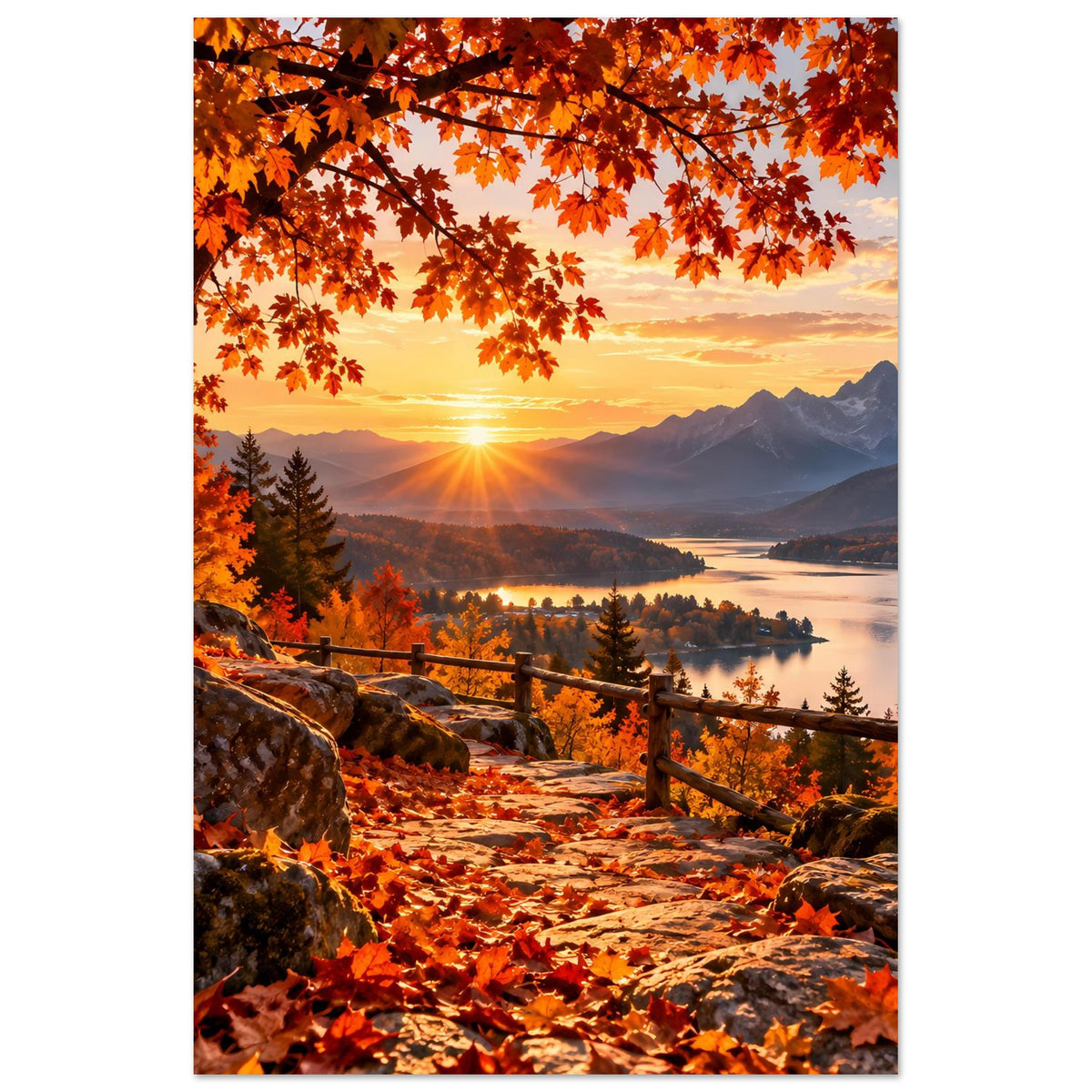 Herbstlandschafts-Poster (hochkant) mit rotem Laub im oberen Bildbereich, Sonne, Berge und See