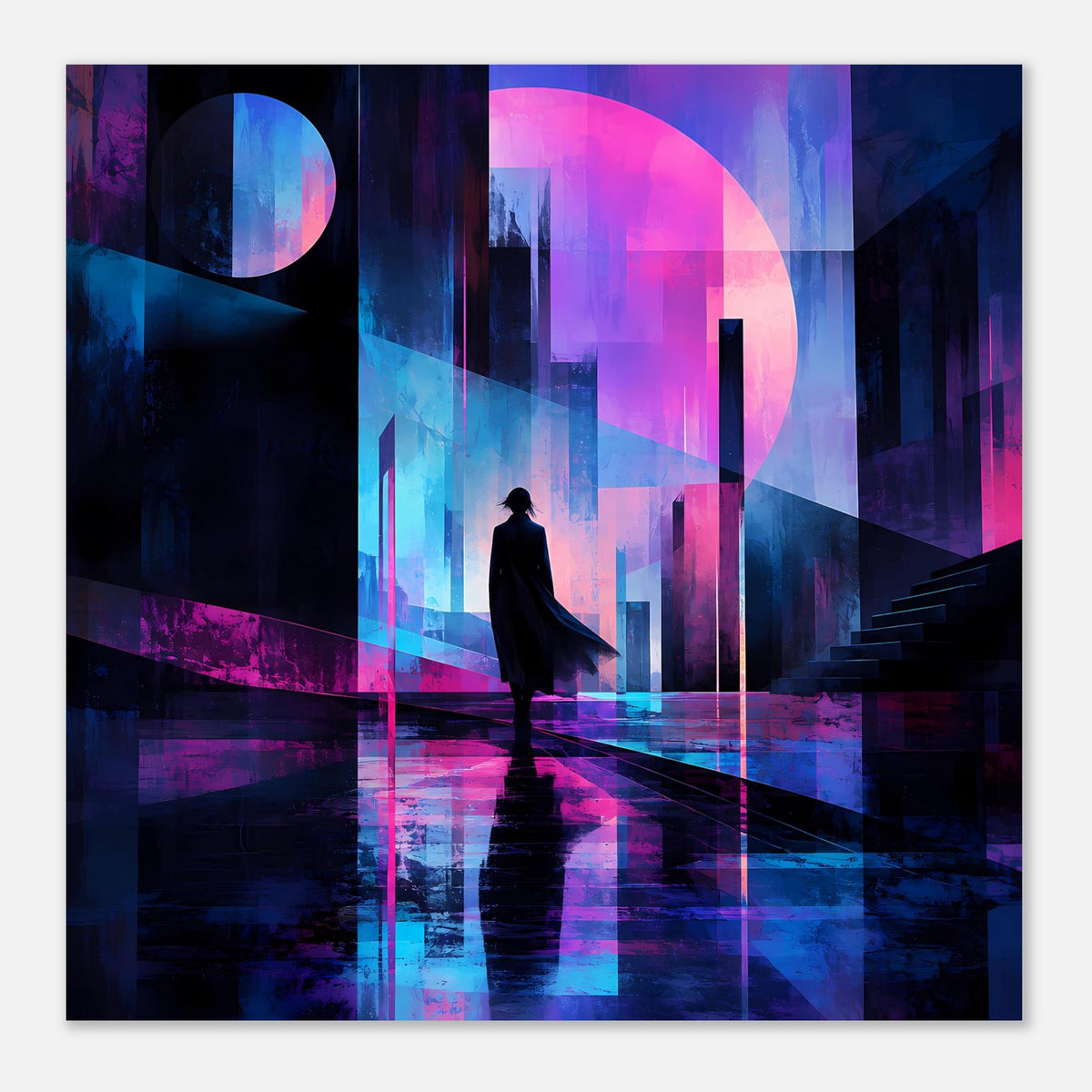 Neon-Nachtlandschaft-Poster im Querformat: Person vor futuristischer Skyline, blaues und pinkes Leuchten.
