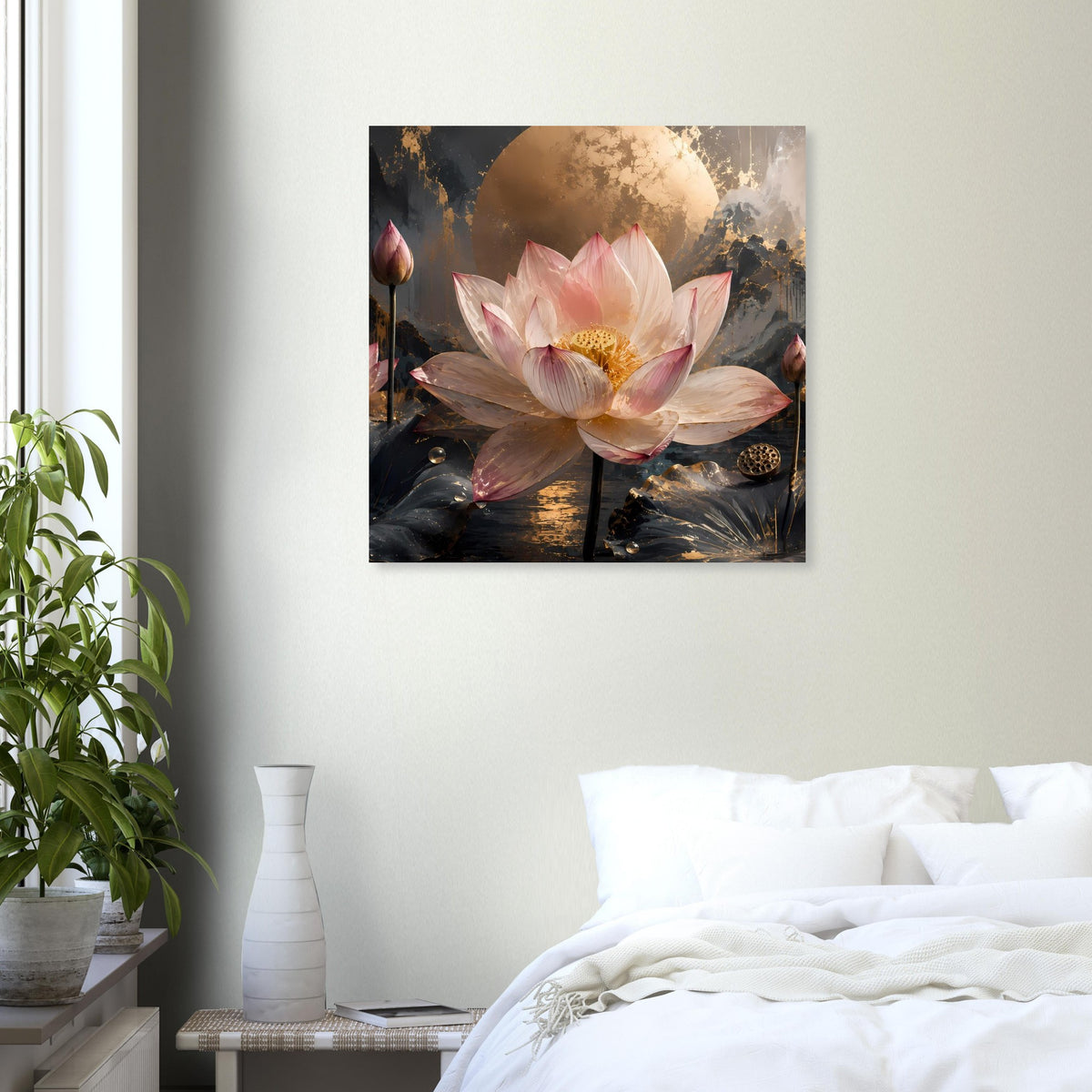 Poster mit rosa Lotusblüte, goldenem Mond und dunklen Blattornamenten