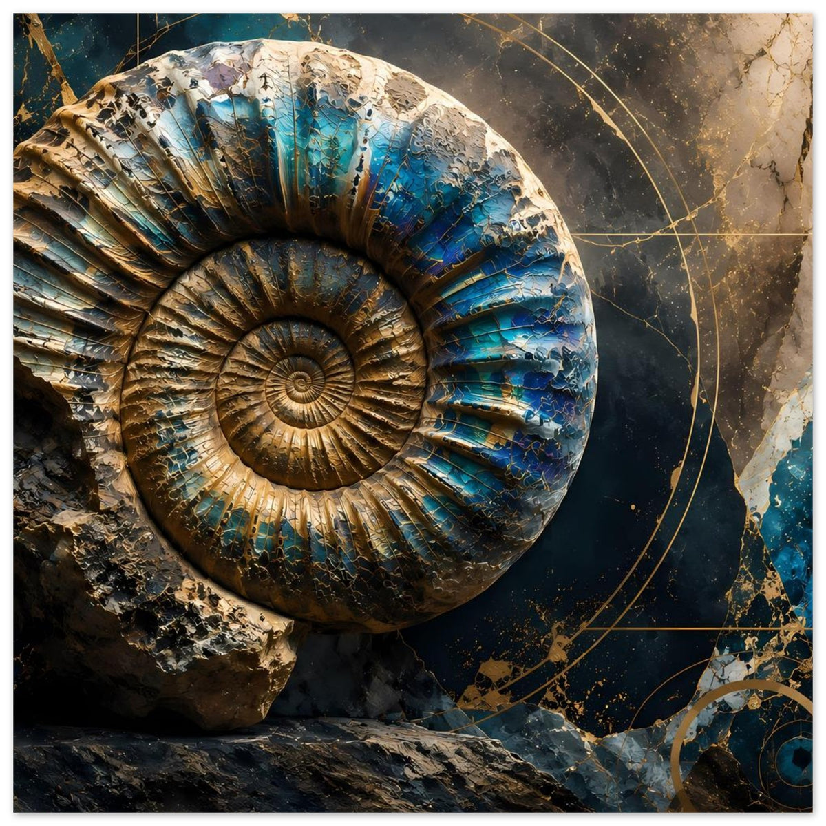 Kunstposter mit Ammonitenfossil, blau-goldene Spiralringe und goldene Kreisbahnen