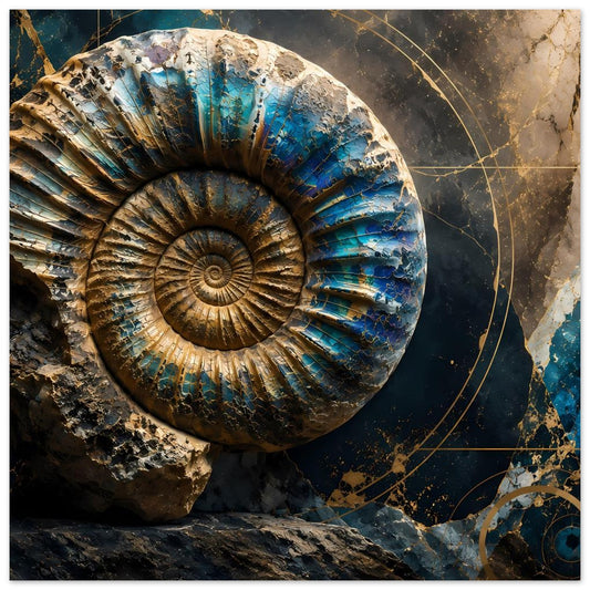 Kunstposter mit Ammonitenfossil, blau-goldene Spiralringe und goldene Kreisbahnen