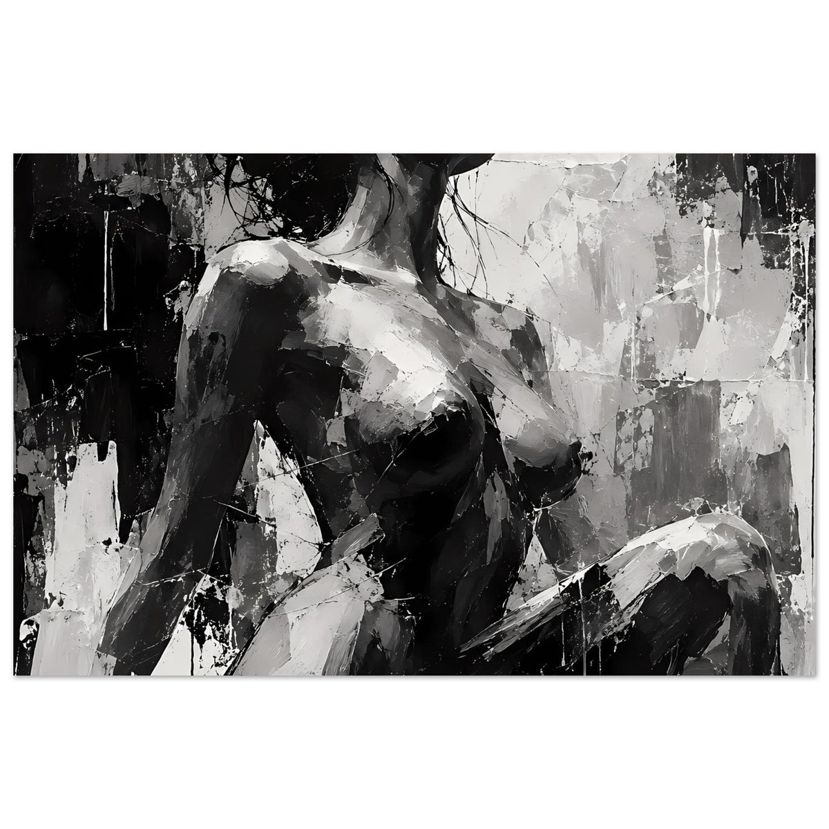 Schwarzweißes Kunstposter mit abstraktem Frauenakt-Porträt, Pinselstrich-Textur