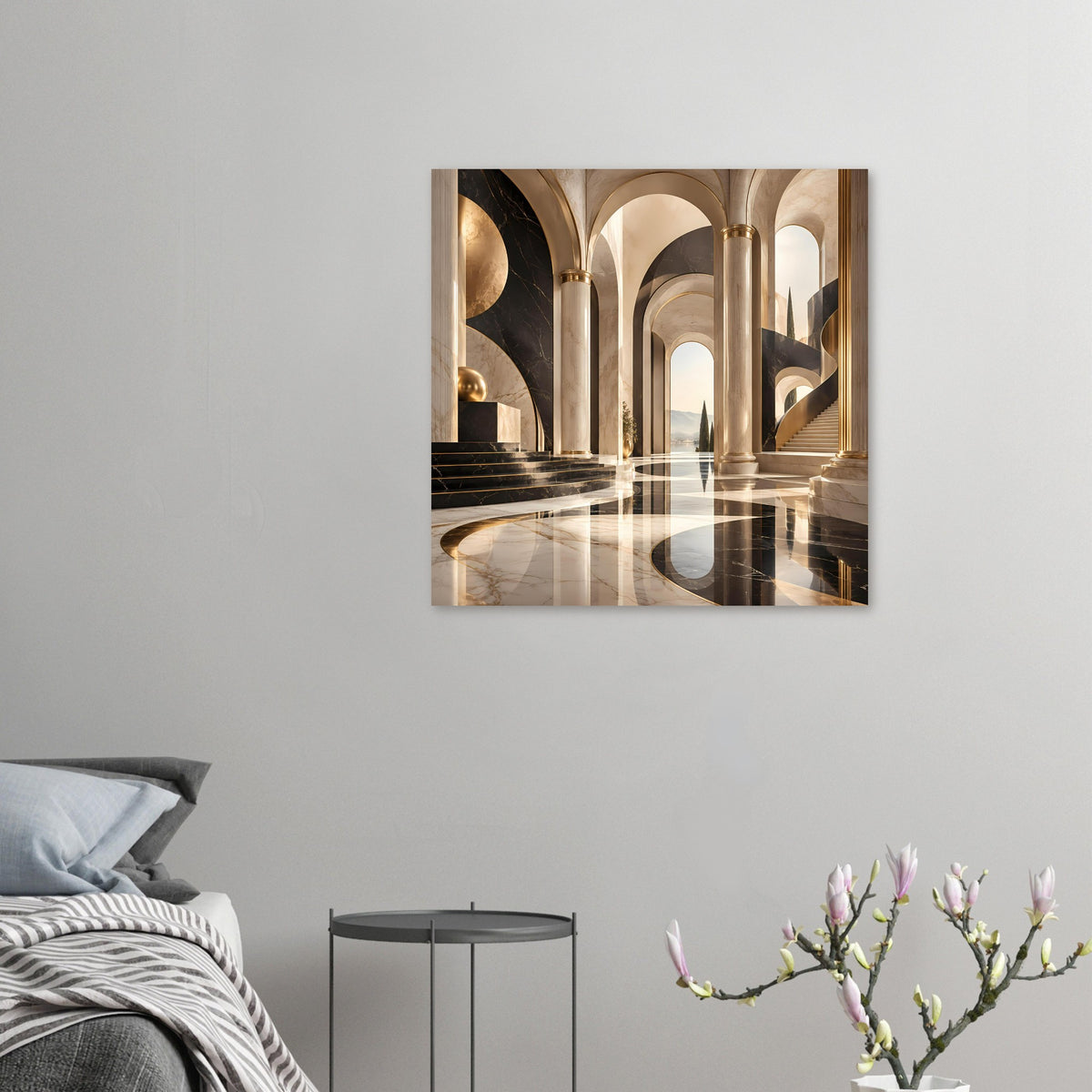 Kleines, gerahmtes Panorama-Poster mit Säulengang, Schwarz-Gold-Marmorstil und glänzendem Boden