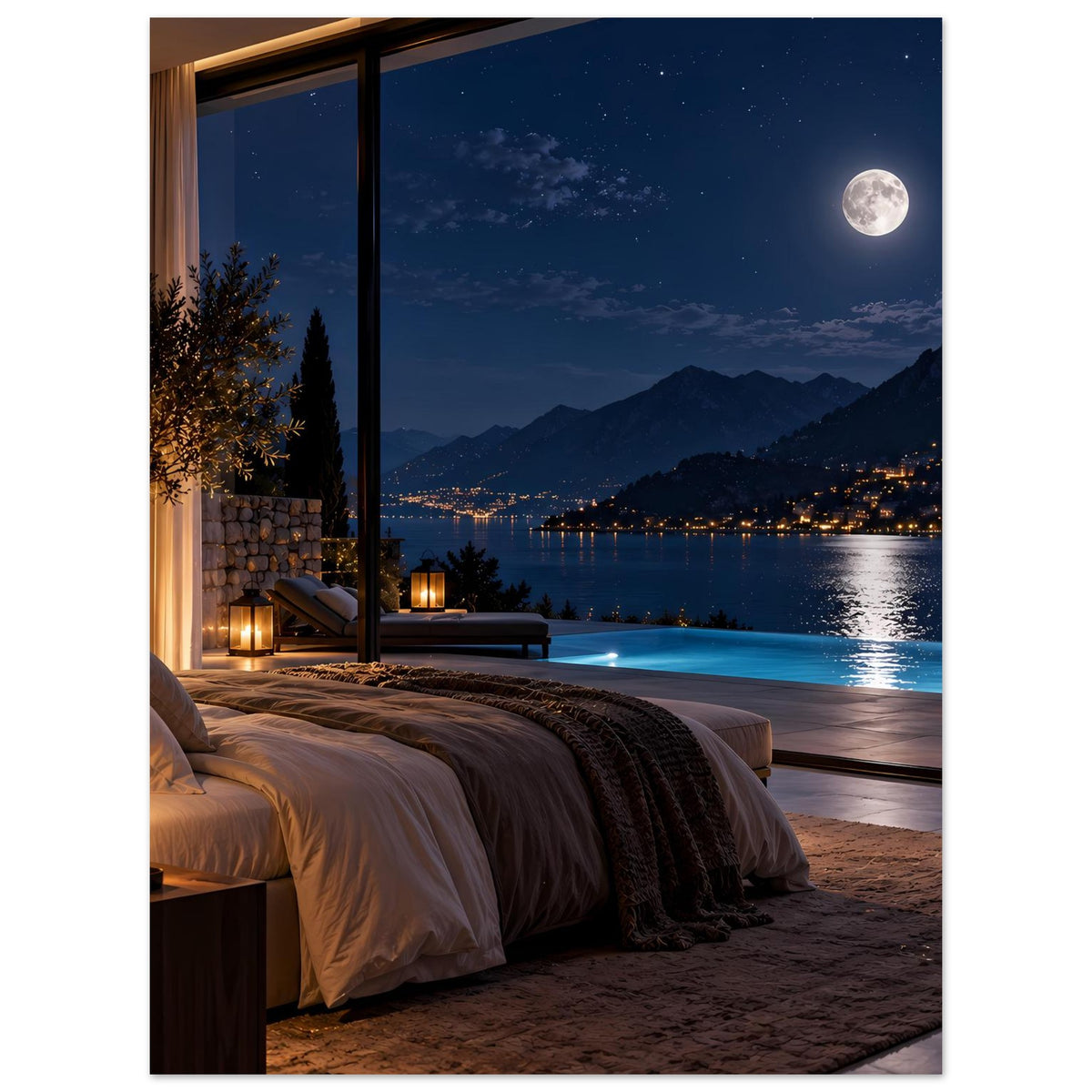 Poster: Blick aus dem Schlafzimmerfenster auf mondhellen See, Berge und beleuchtete Ufer