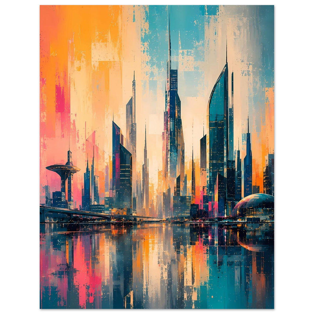 Stadtposter im Hochformat mit Wolkenkratzern, leuchtenden Akzenten in Orange, Pink und Blau