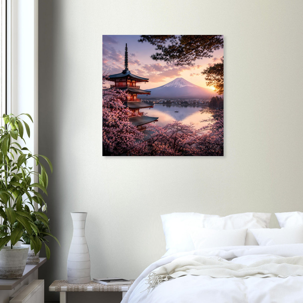 Quadratisches Poster mit japanischer Pagode, Kirschbäumen und Berglandschaft