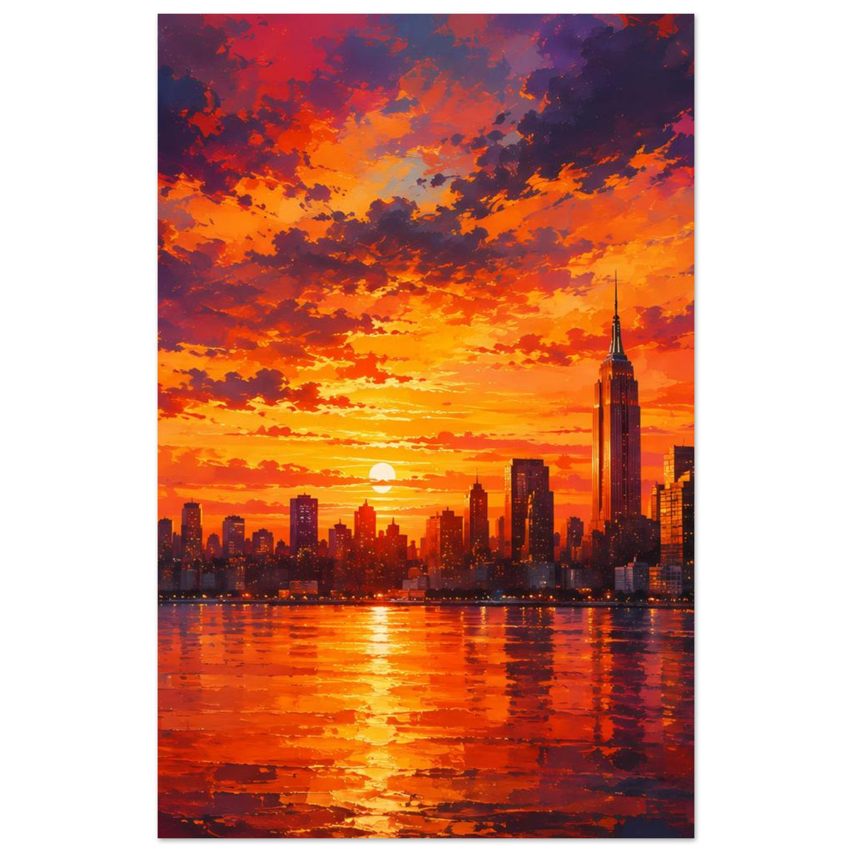 Hochformatiges Stadtlandschafts-Poster mit orange-rotem Himmel, Skyline und Spiegelung