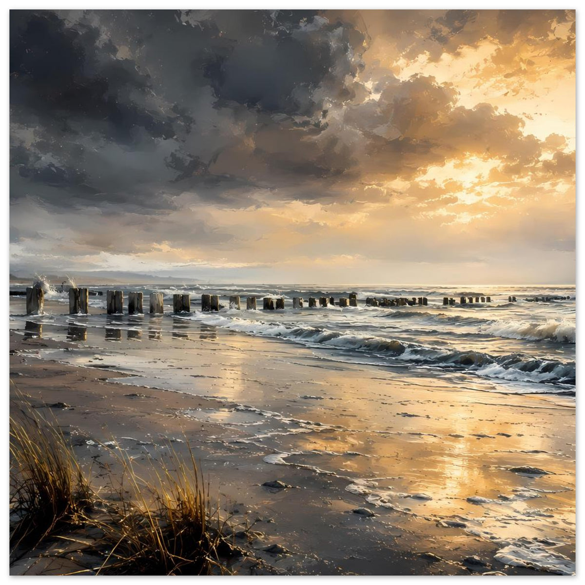 Poster mit Strandlandschaft zur goldenen Stunde, Wellen rollen an und Pfähle ragen auf
