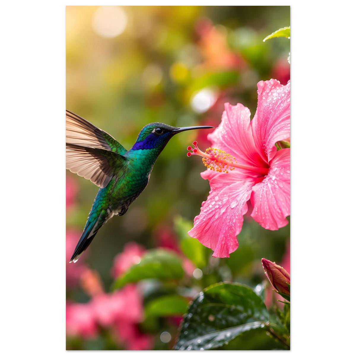 Naturposter, vertikaler Ausschnitt mit Kolibri und rosafarbener Hibiskusblüte