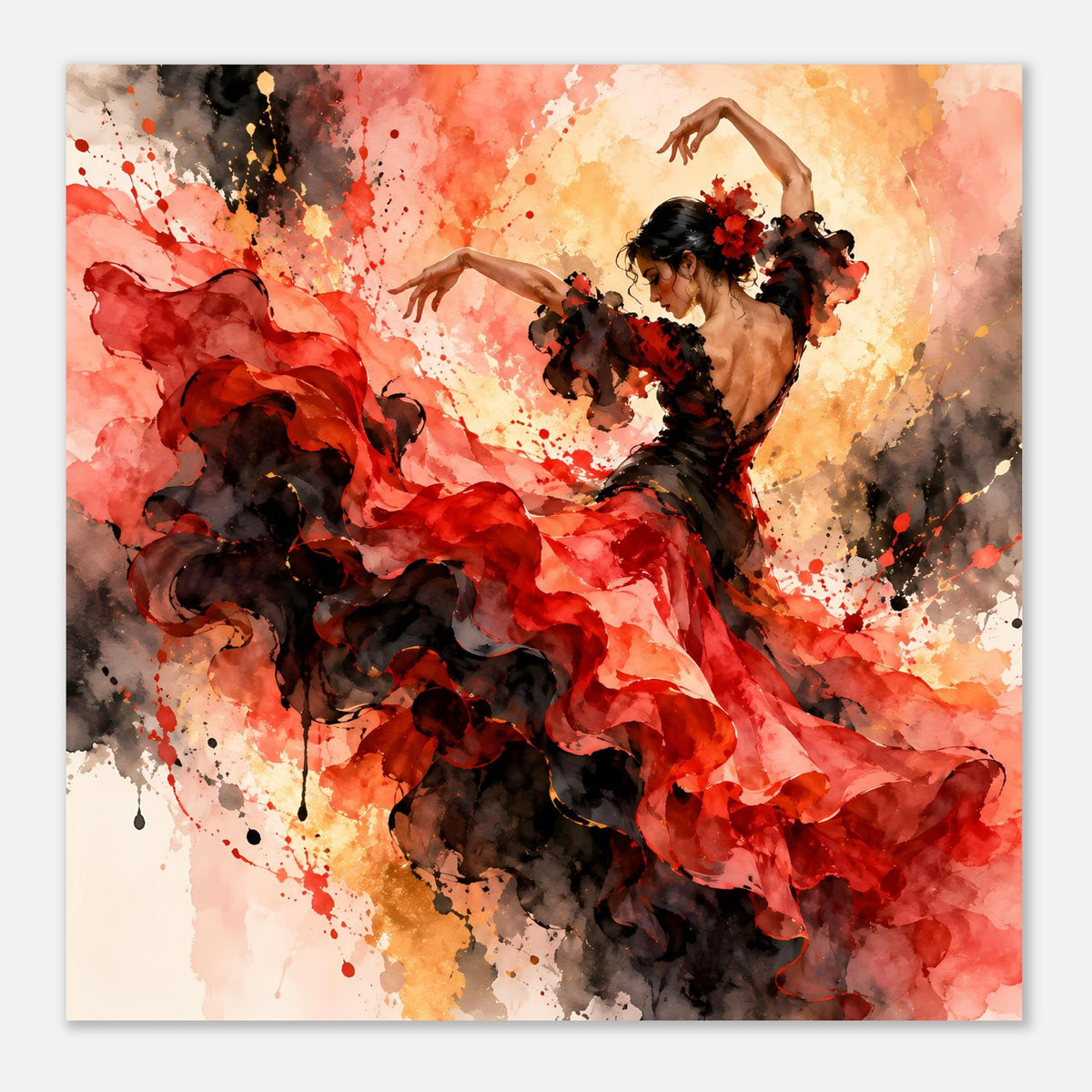 Gerahmtes Tanzposter: Flamenco-Tänzerin in rotem und schwarzem Kleid in Tanzpose