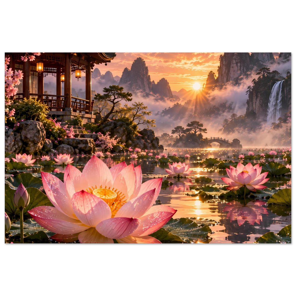 Horizontales Poster mit rosa Lotusblüten im Vordergrund und Sonnenaufgang über dem See