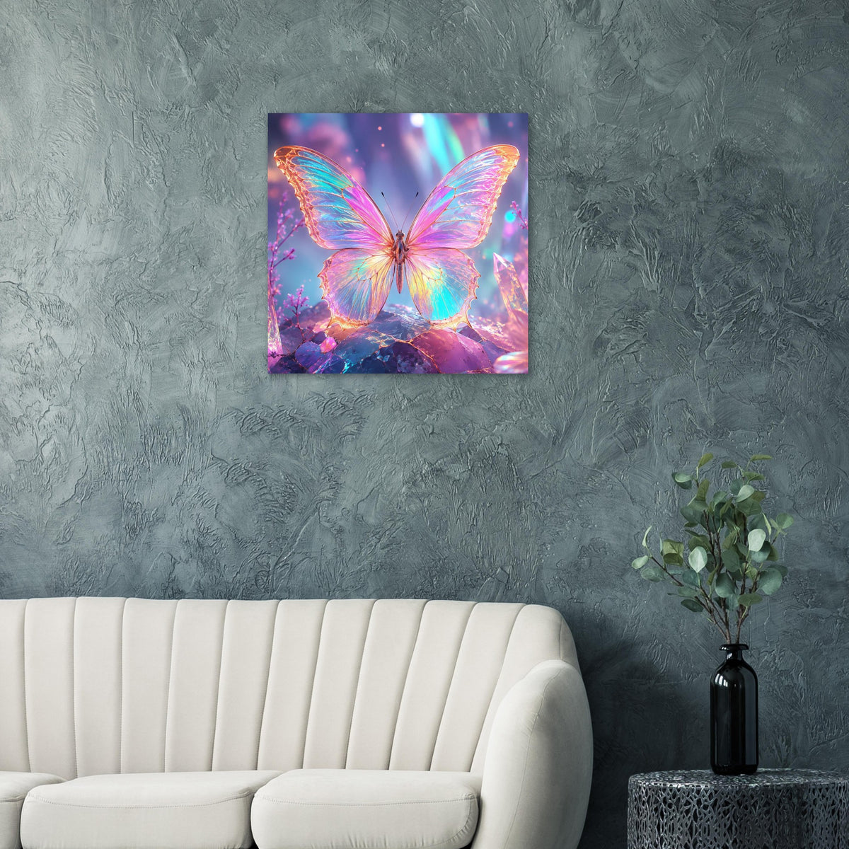 Fantasy-Poster quadratisch: Regenbogen-Schmetterling mit leuchtenden, glitzernden Flügeln