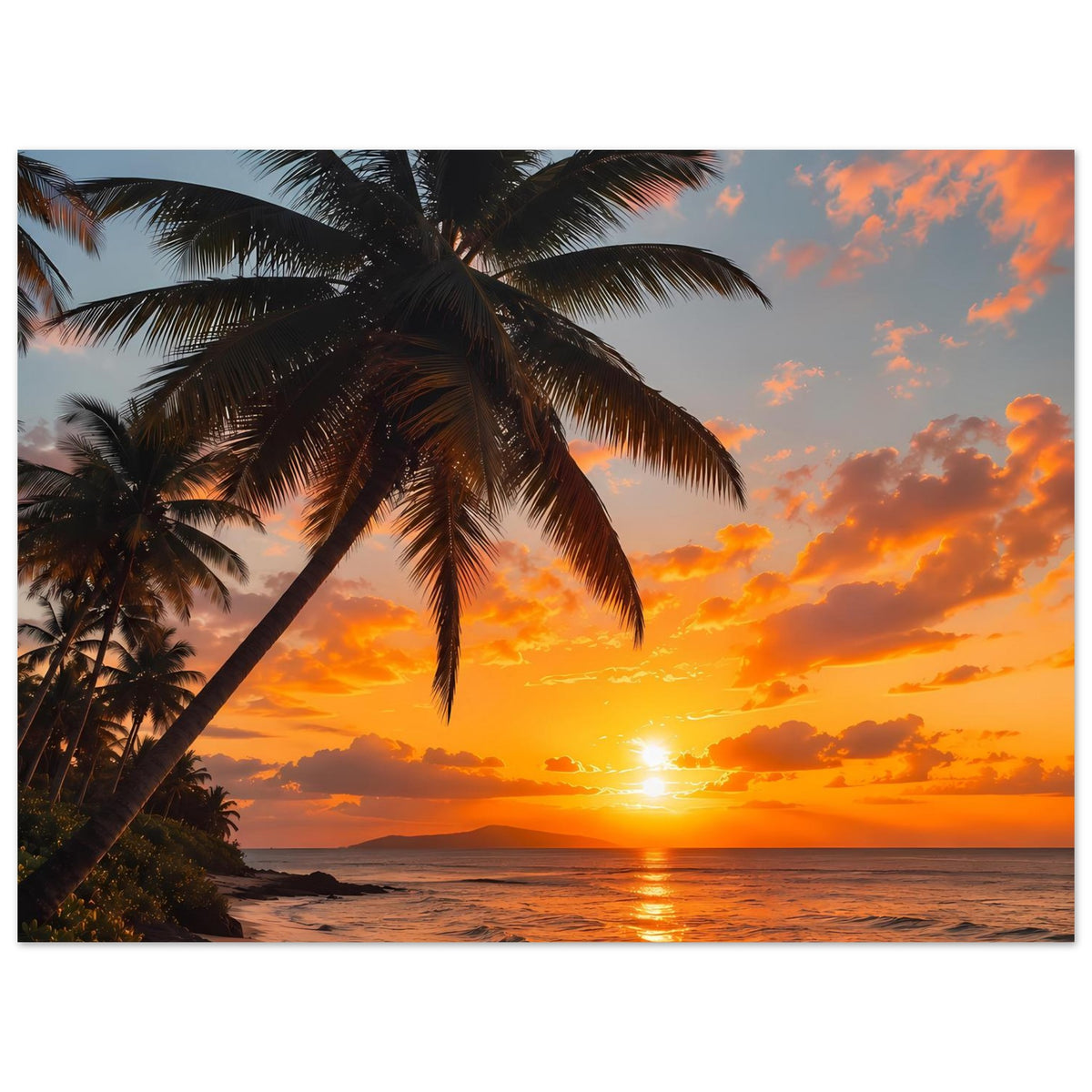 Poster mit Palme und Strand bei Sonnenuntergang, Reflexe auf dem Wasser