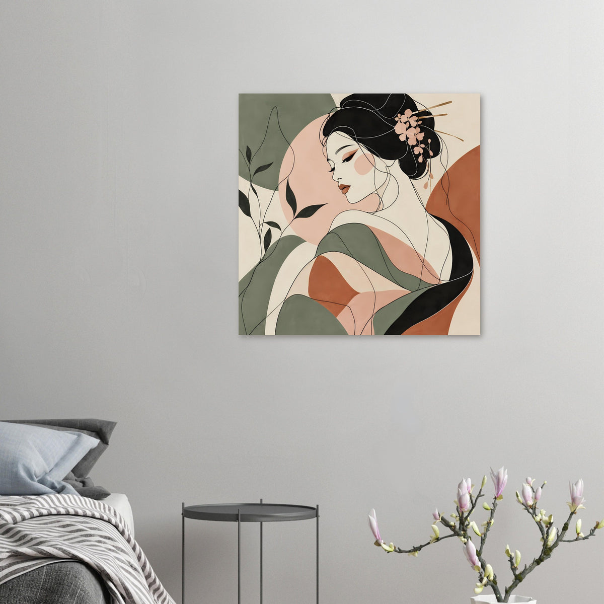 Gerahmtes Zen-Poster, kompakte Darstellung der Geisha im Profil mit rosa Blüten im Haar