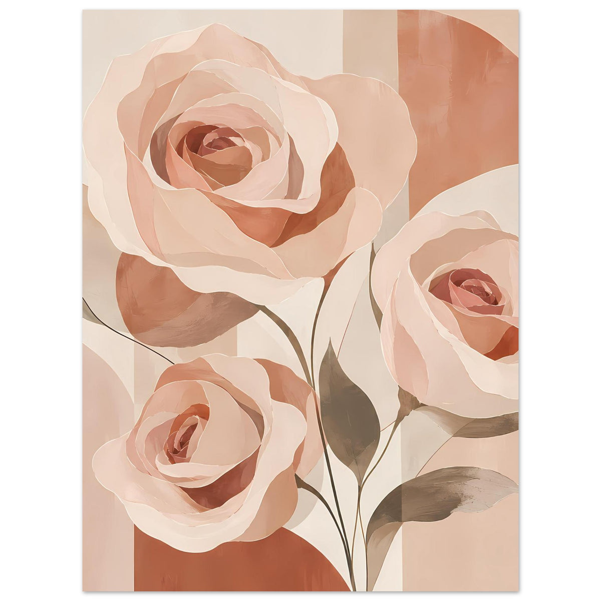 Blumenposter mit großen Rosen und dunkelgrünen Stielen, warme Rosa- und Pfirsichtöne