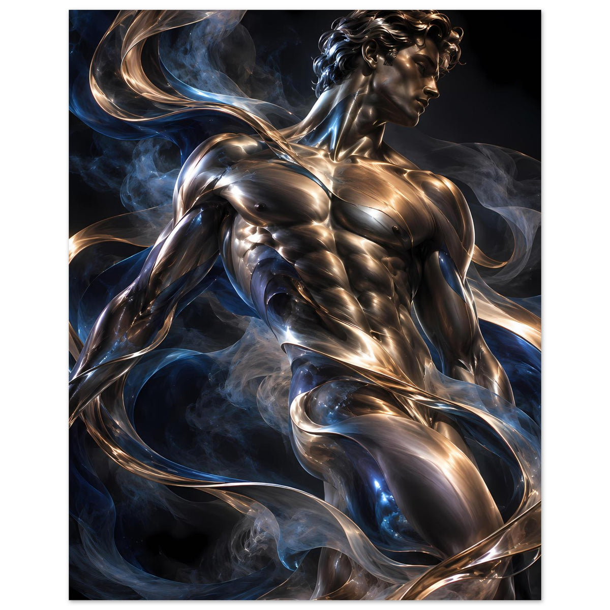 Vertikales Poster: Profil einer Metallfigur, goldene Highlights und blaue Rauchwirbel