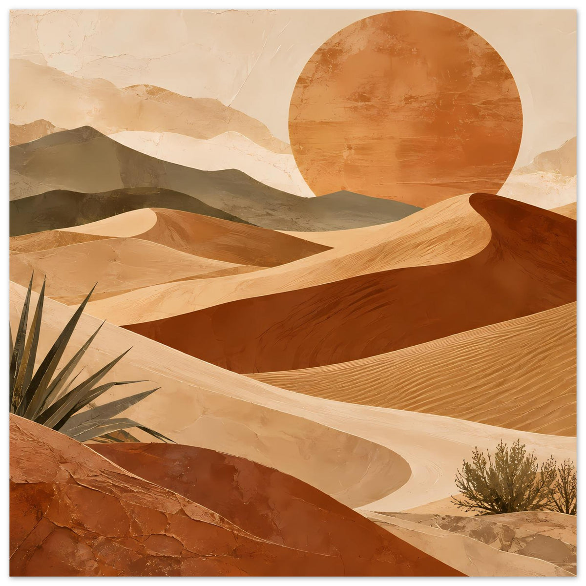 Wüstenlandschafts-Poster: warme Sanddünen mit orangefarbener Sonne und Strauch rechts am Rand