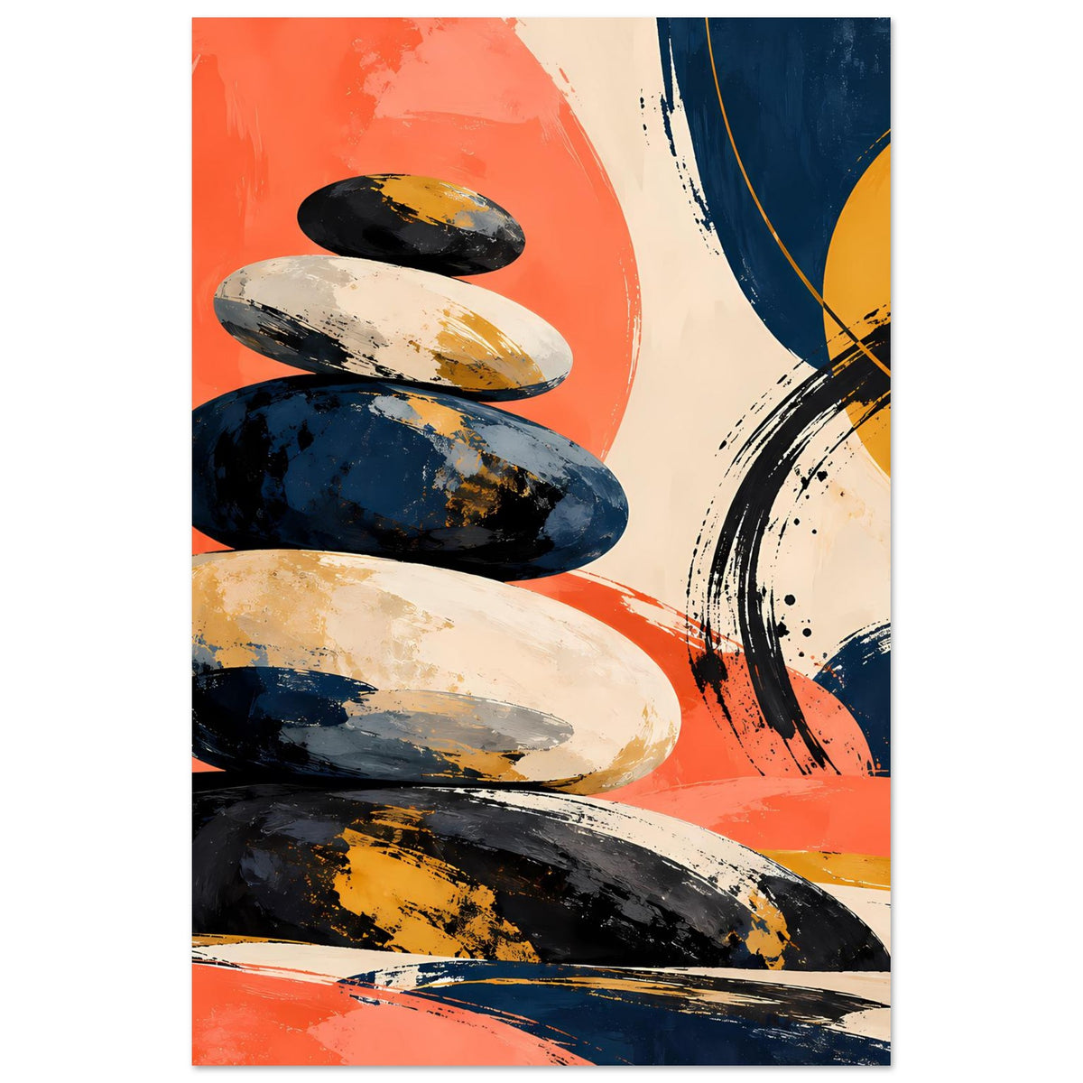 Poster mit abstraktem Steinstapel in Orange, Dunkelblau und Creme, im Hochformat