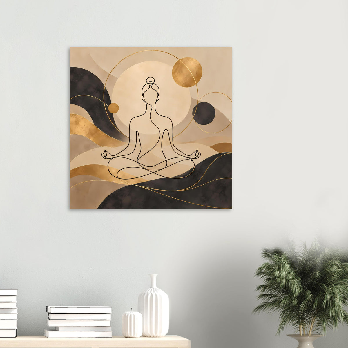 Yoga-Meditationskunstdruck: Meditationssilhouette im Lotussitz, goldene Punkte und Kreisbögen