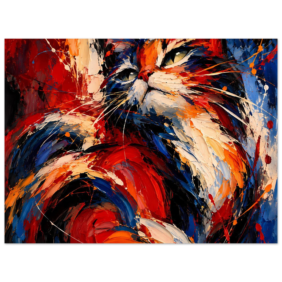 Horizontales Katzenposter mit abstrahiertem Kopf: Rot-Blau-Orange und gelbweiße Pinselflächen