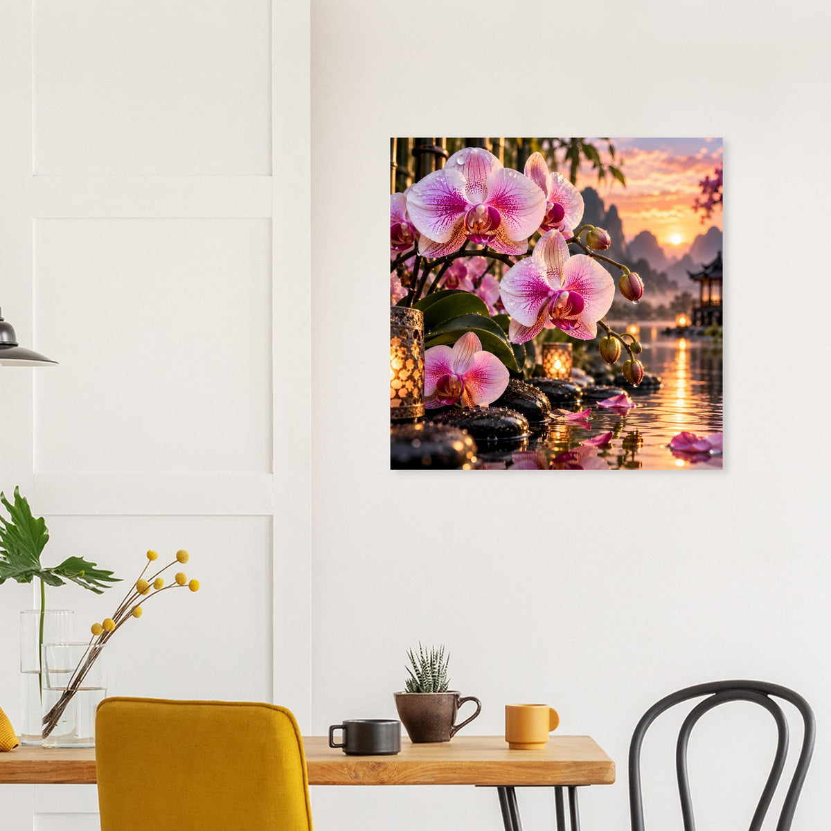 Poster mit rosa Orchideen über dunklen Steinen im See, Sonnenuntergang am Horizont