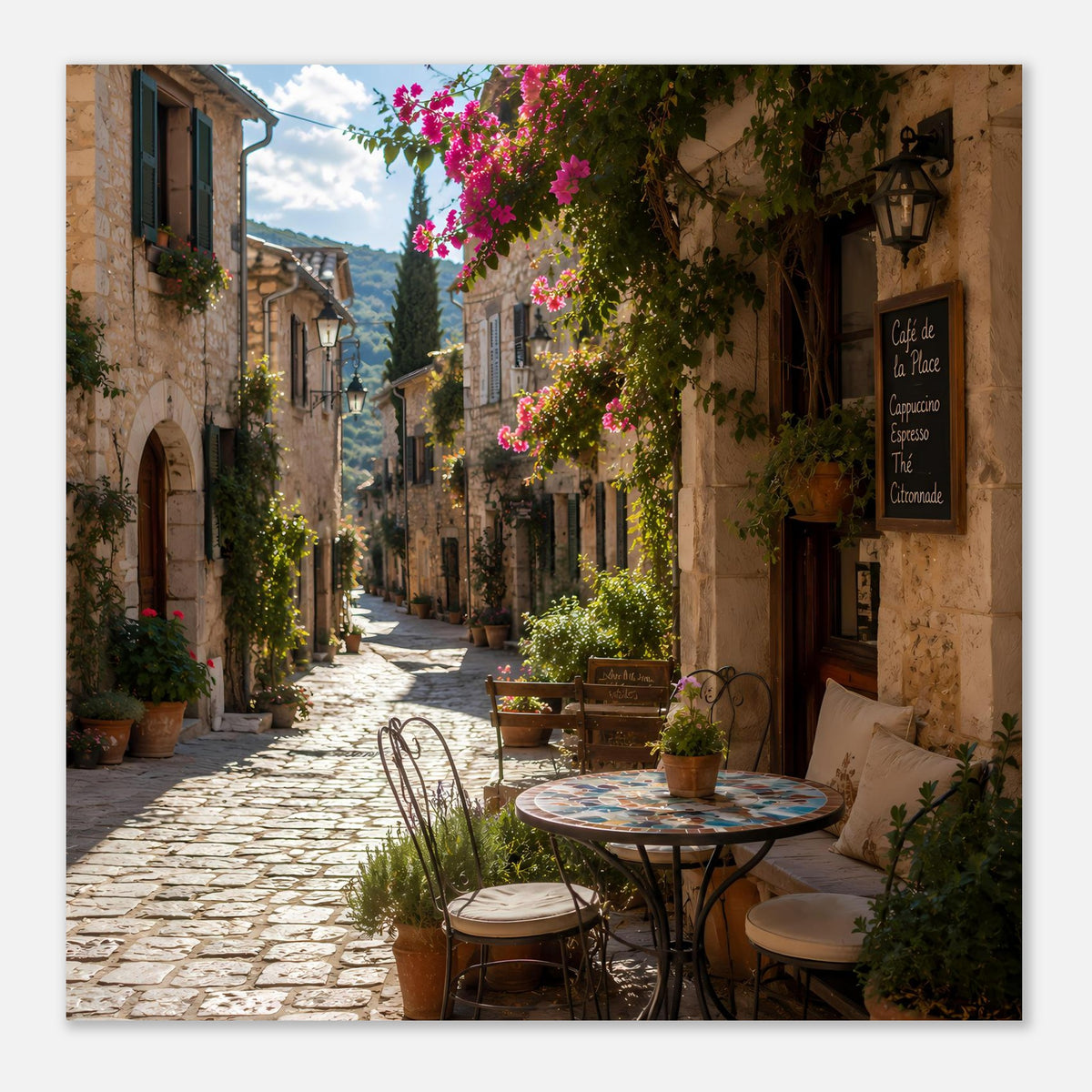 Poster mit sonniger Café-Straßenszene in einer Altstadtgasse