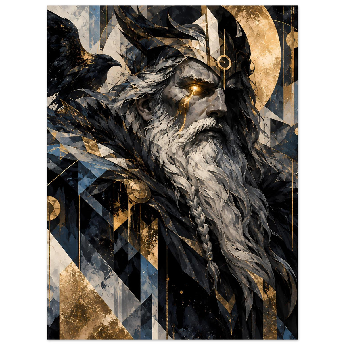 Poster mit Odin-Bildnis: Bart-Detail, gefiederter Rabe und Runen in Schwarz, Gold, Blau