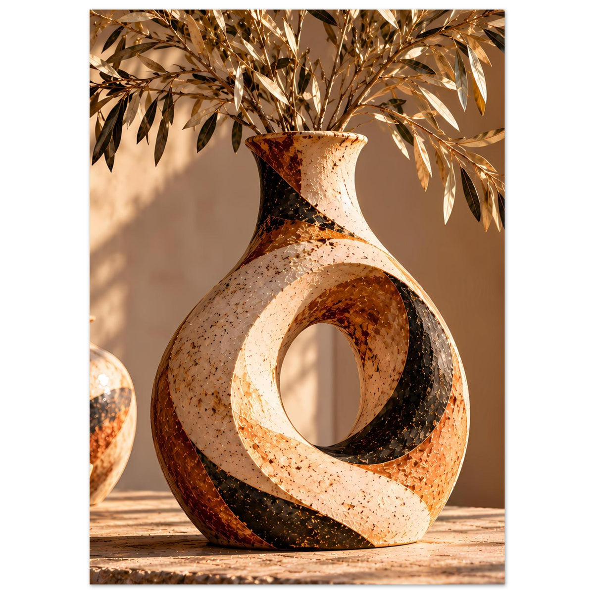 Gerahmter Kunstdruck mit Keramikvase in organischer Form, ovaler Öffnung und Zweigen