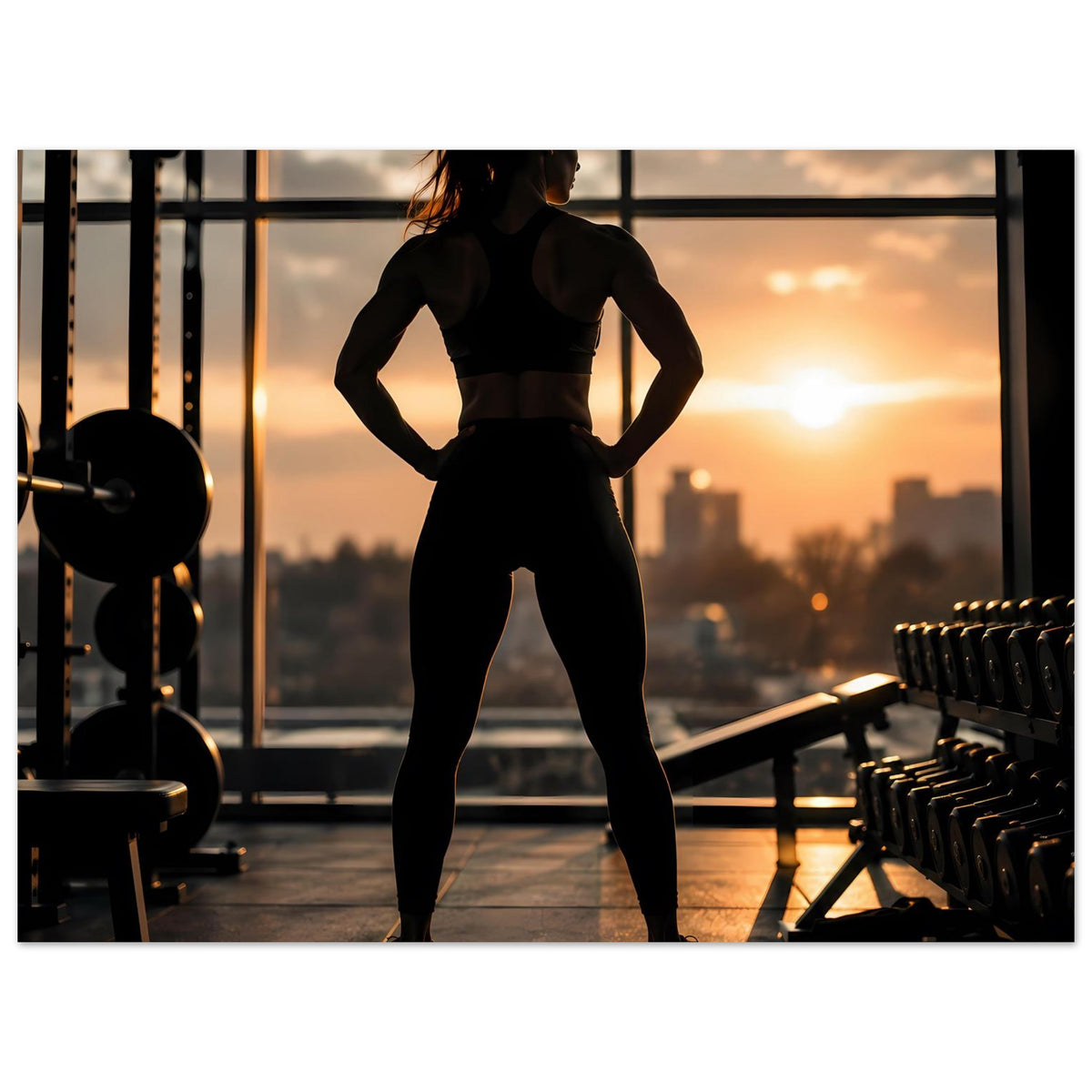 Fitness-Poster: Sportlerin-Silhouette mit ausgestreckten Armen, Fitnessgeräte im Hintergrund