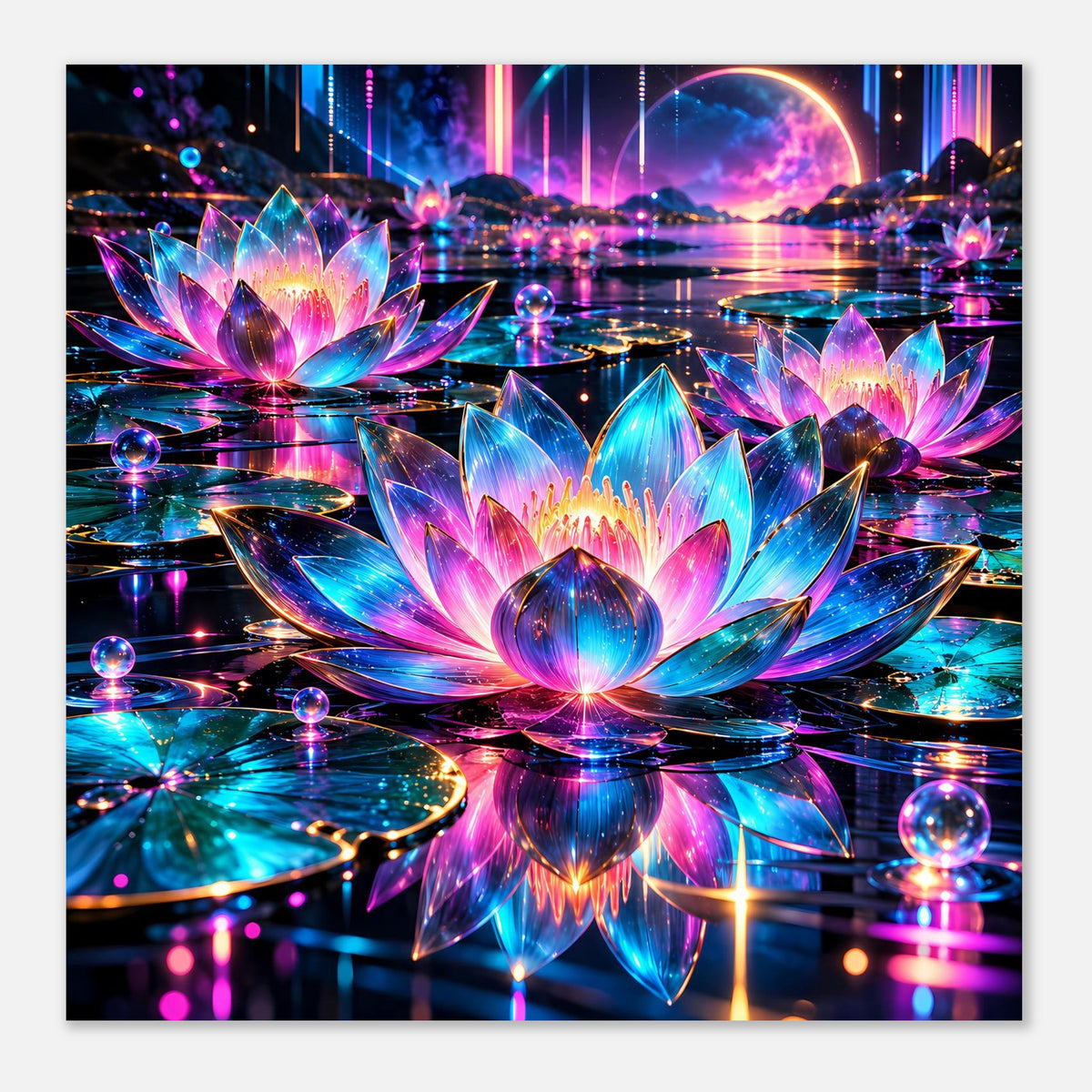 Neon-Lotus Poster, Panorama: klare Darstellung von Lotusblüten mit leuchtender Spiegelung