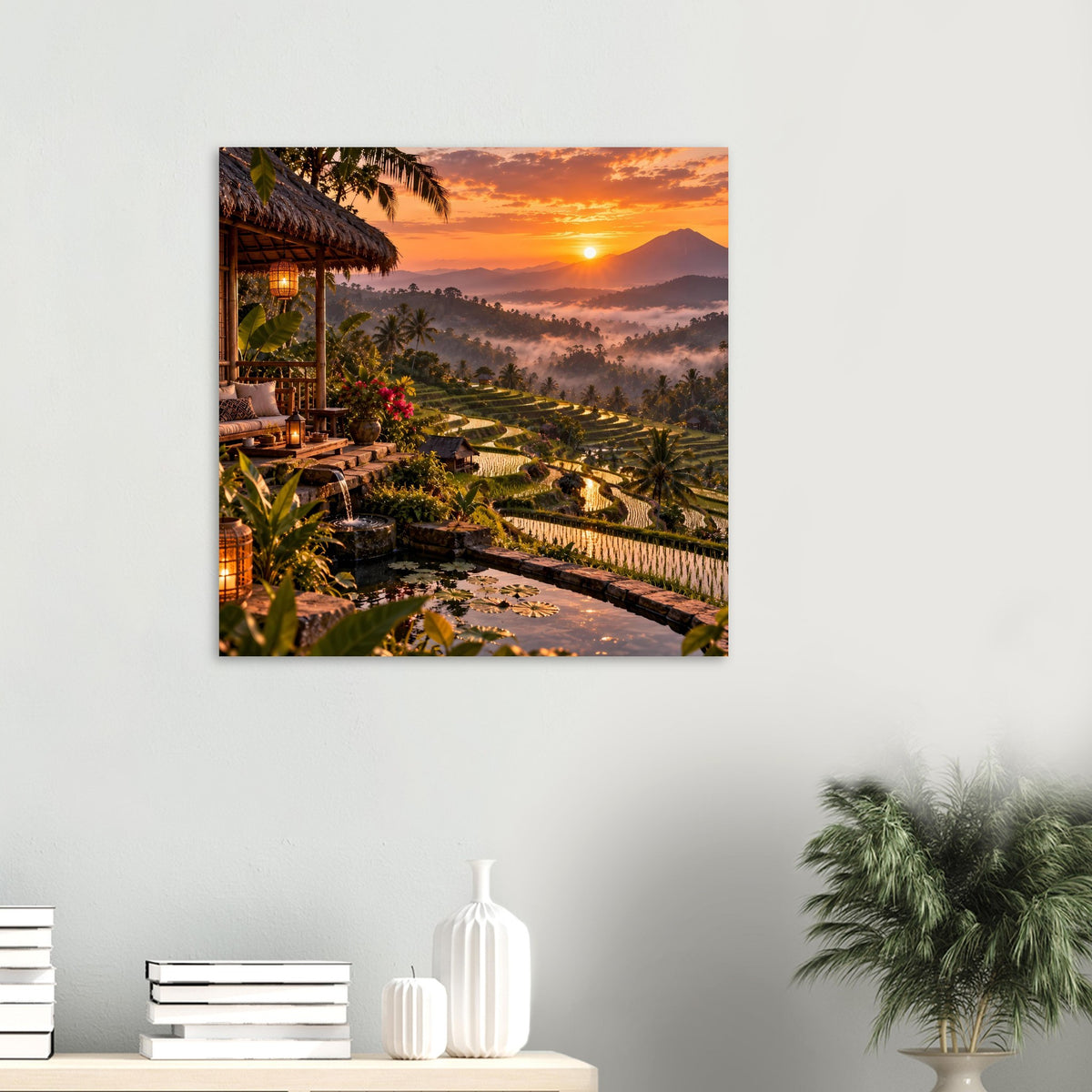 Poster mit tropischer Lodge, Terrassen und Sonnenuntergang über dem Tal