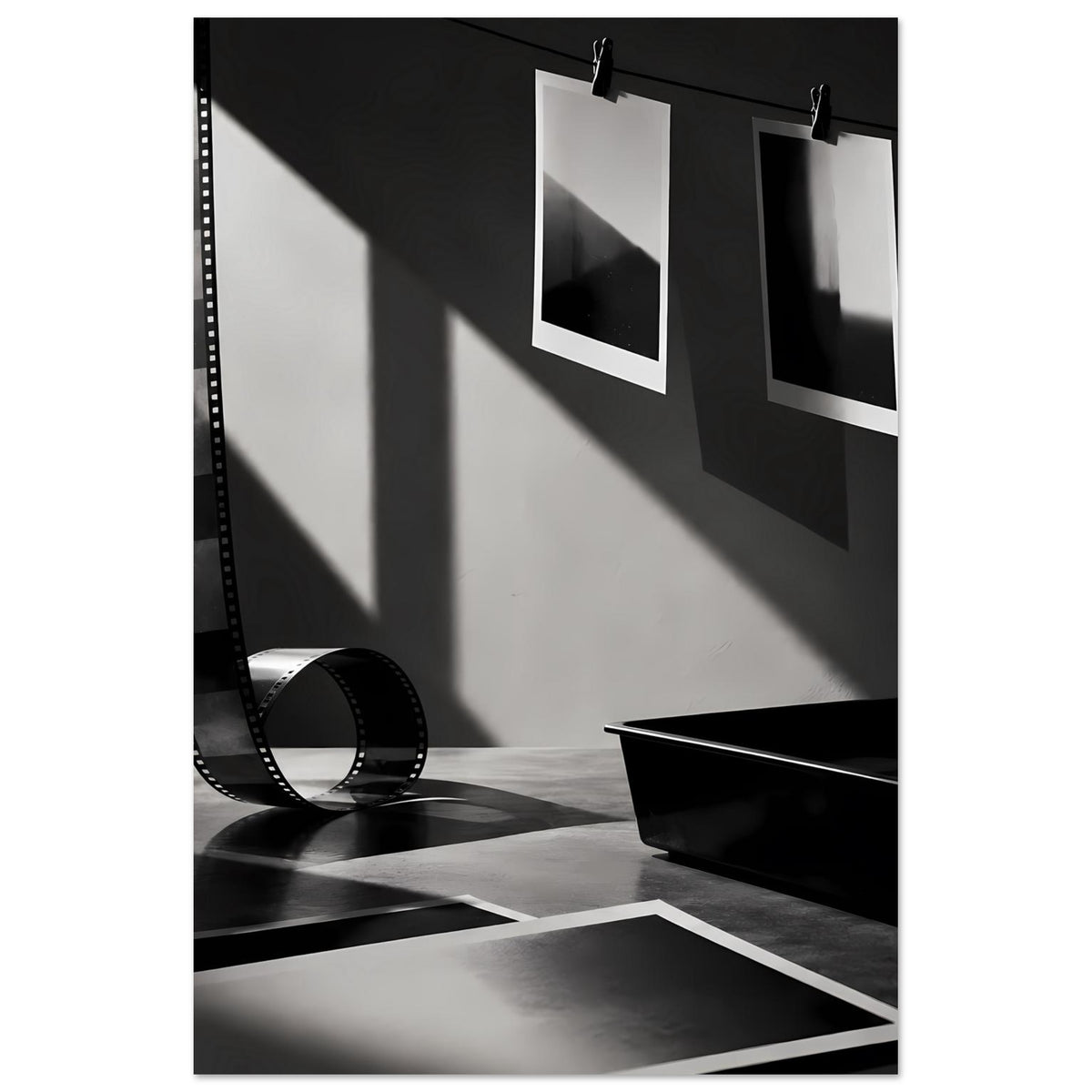 Poster „Analoge Dunkelkammer“ in Schwarz-Weiß: Filmstreifen, Fotopapiere, Schale