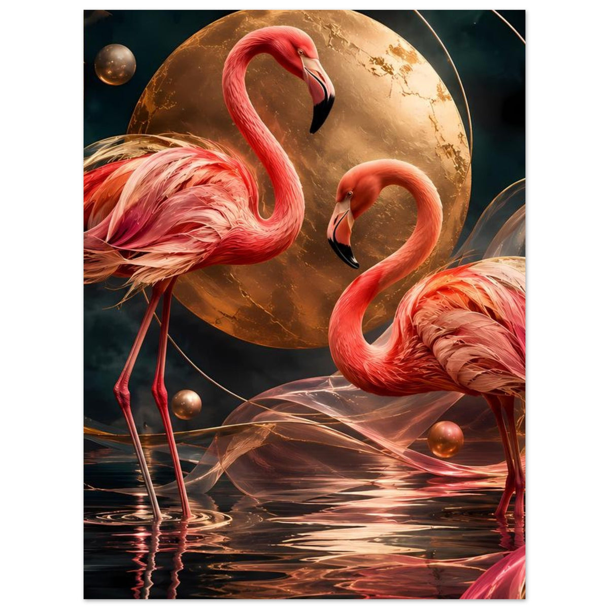 Kunstposter mit zwei rosafarbenen Flamingos und goldener Mondkugel im Wasser