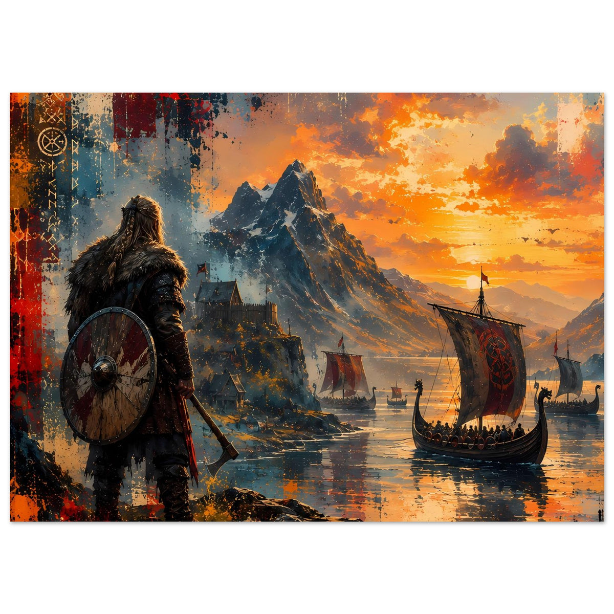Viking-Saga Poster: Wikingerkrieger mit Schild im Vordergrund, Langboote bei warmem Sonnenuntergang