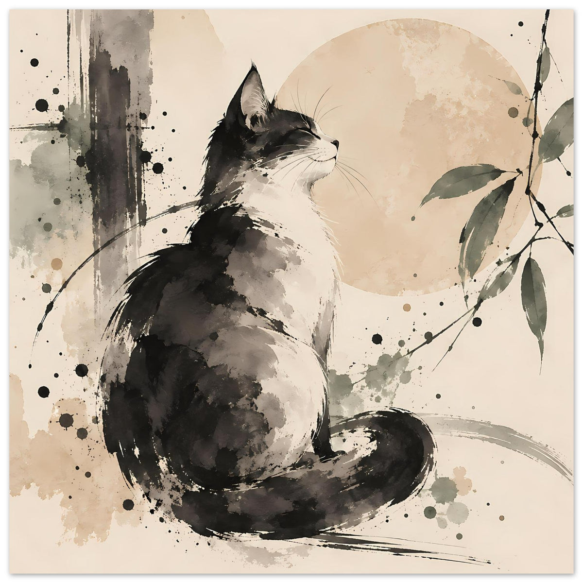 Hochformat-Poster mit sitzender Katze in Schwarzweiß-Aquarell, Spritzerdekor und Blätter rechts