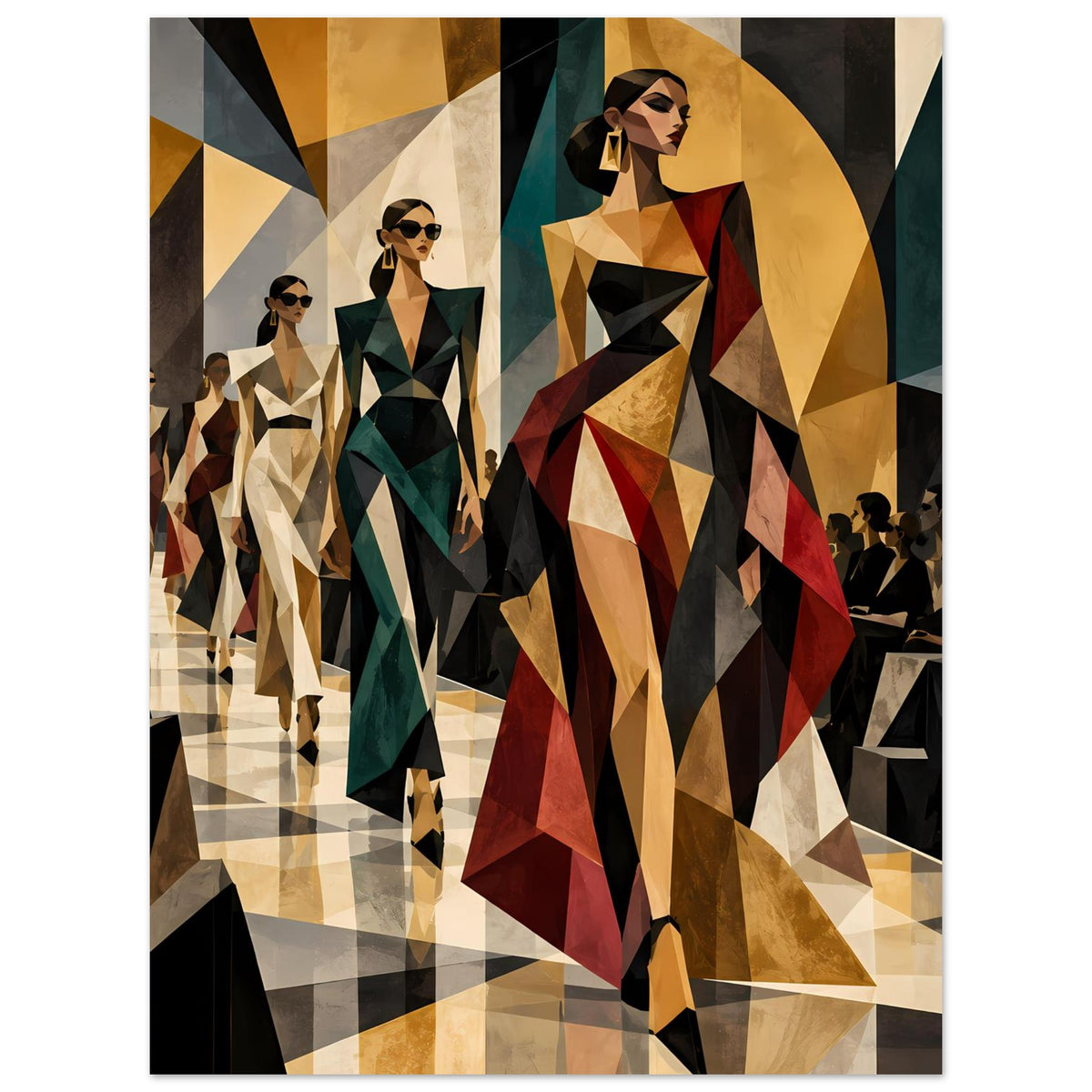 Fashion-Poster mit geometrischer Fashion-Illustration: Vorderfigur mit rotem Umhang