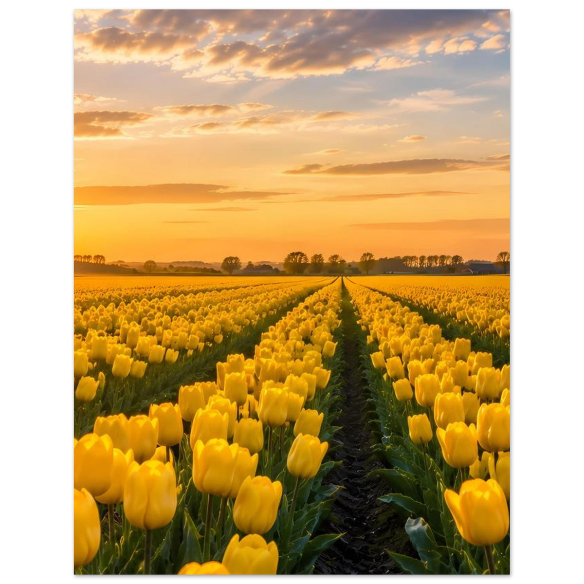 Hochformat-Poster mit gelbem Tulpenfeld, Zentralweg und warmem Abendhimmel ohne Rahmenrand