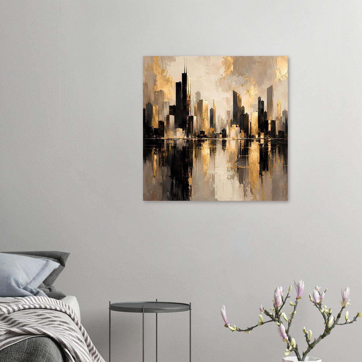 Kleines Cityscape-Poster mit goldener Skyline und dunklen Hochhäusern
