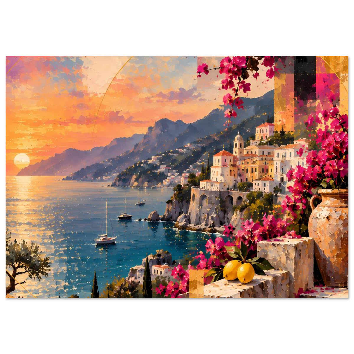 Poster mit mediterraner Küste: pinke Bougainvillea, Ortschaft am Hang und Boote bei Abendsonne