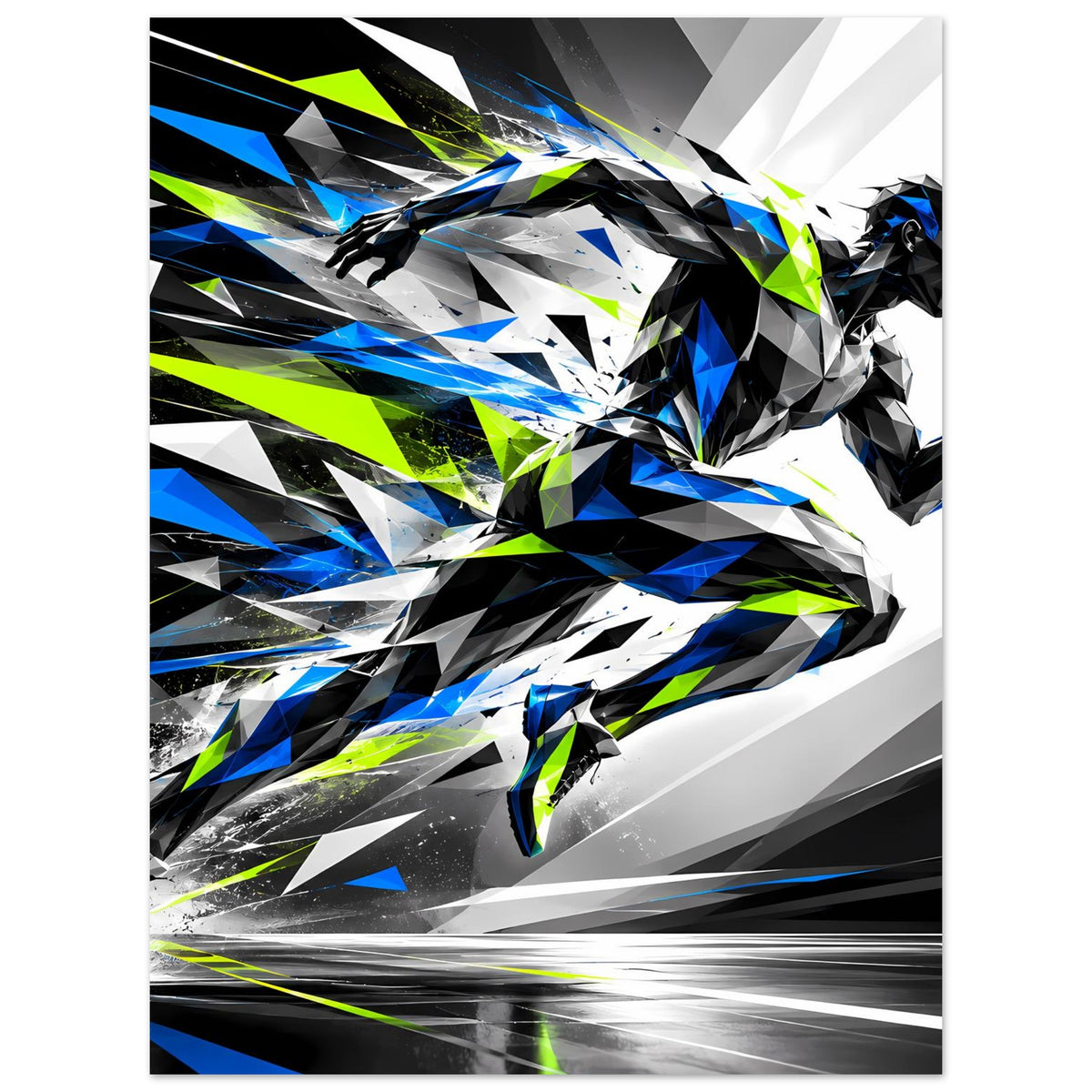 Laufkunst-Poster mit abstrakter Läuferfigur, dynamisch in Blau, Schwarz und Neon-Grün