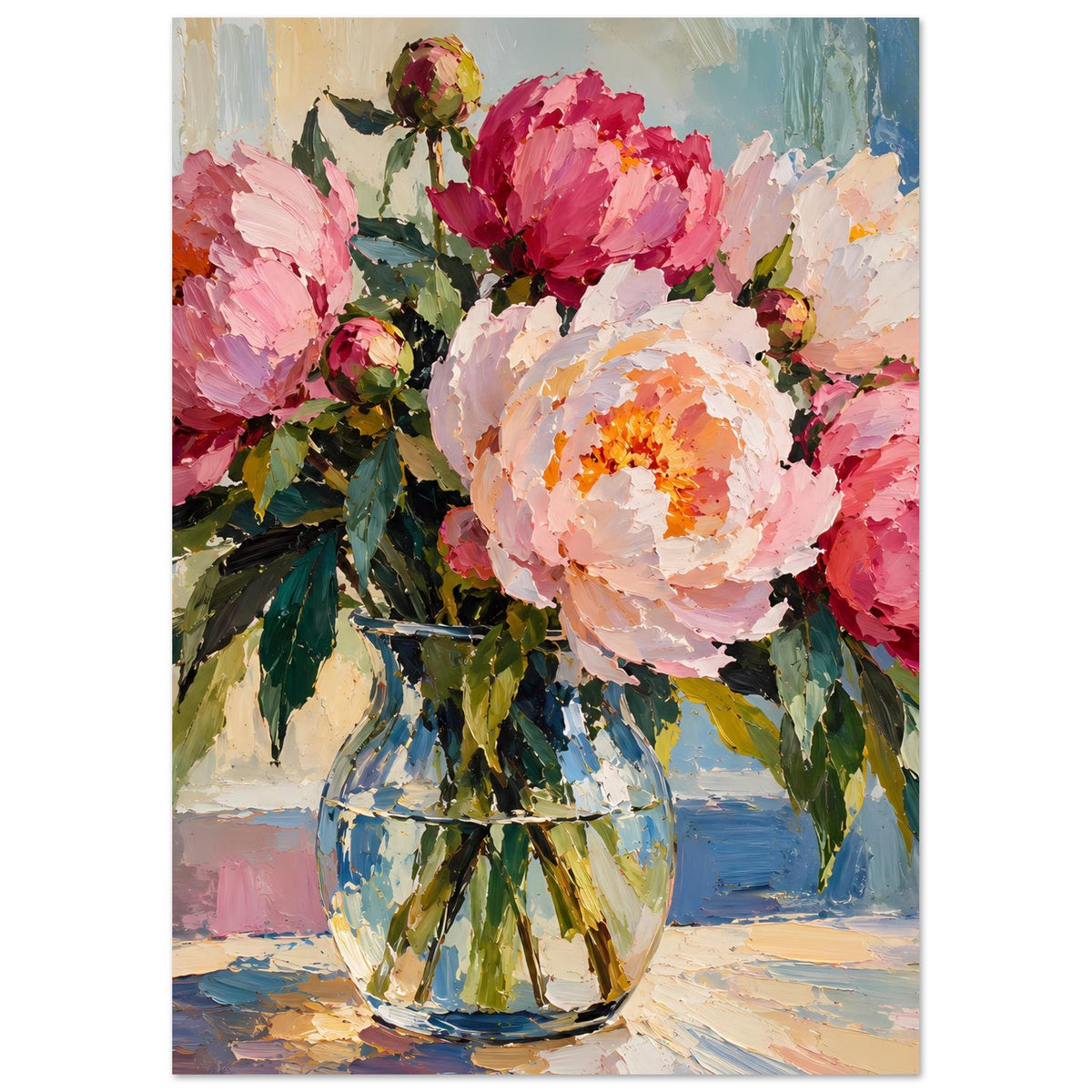Blumenposter im Ölmalerei-Stil: bunte Pfingstrosen in Vase, detailreicher Bildausschnitt