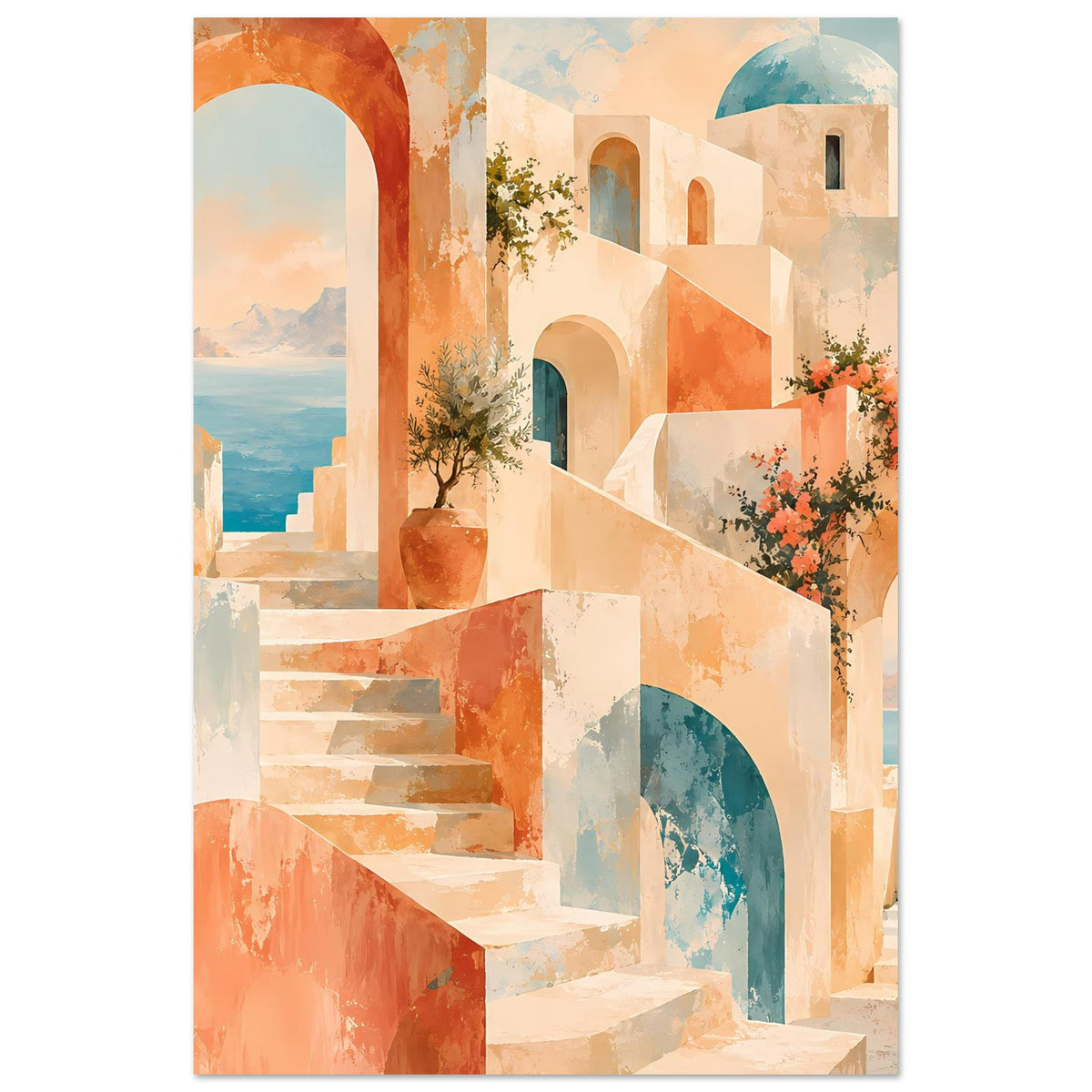Mediterranes Traum-Landschaftsposter: weiß-orangee Architektur mit Treppe, Bögen und Topfpflanze