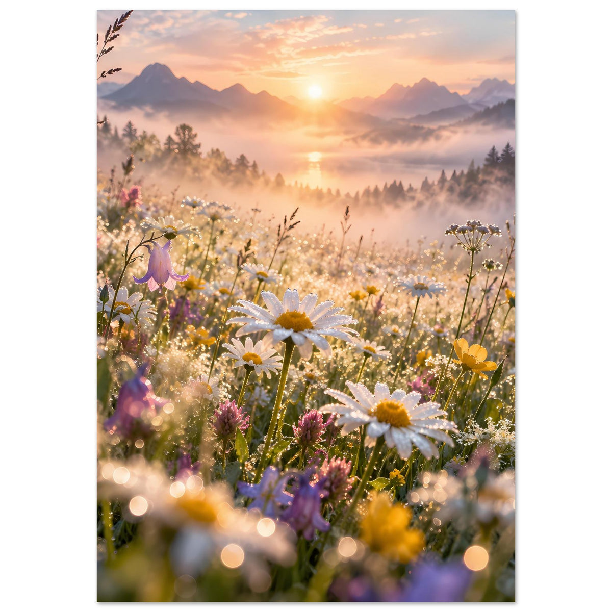 Hochformatiges Poster mit Wildblumen-Bouquet, gelben Blüten und goldenem Himmel.