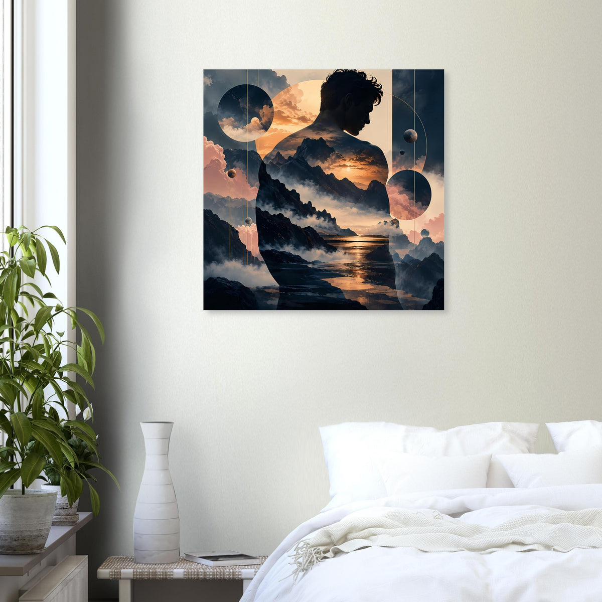 Quadratisches Poster an der Wand: Silhouette, Berge, Meer und goldenes Abendlicht